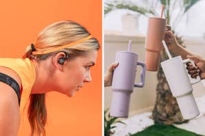 a model wearing athletic earbuds while working out on the left and three hands holding three pastel-colored insulated drink tumblers on the right
