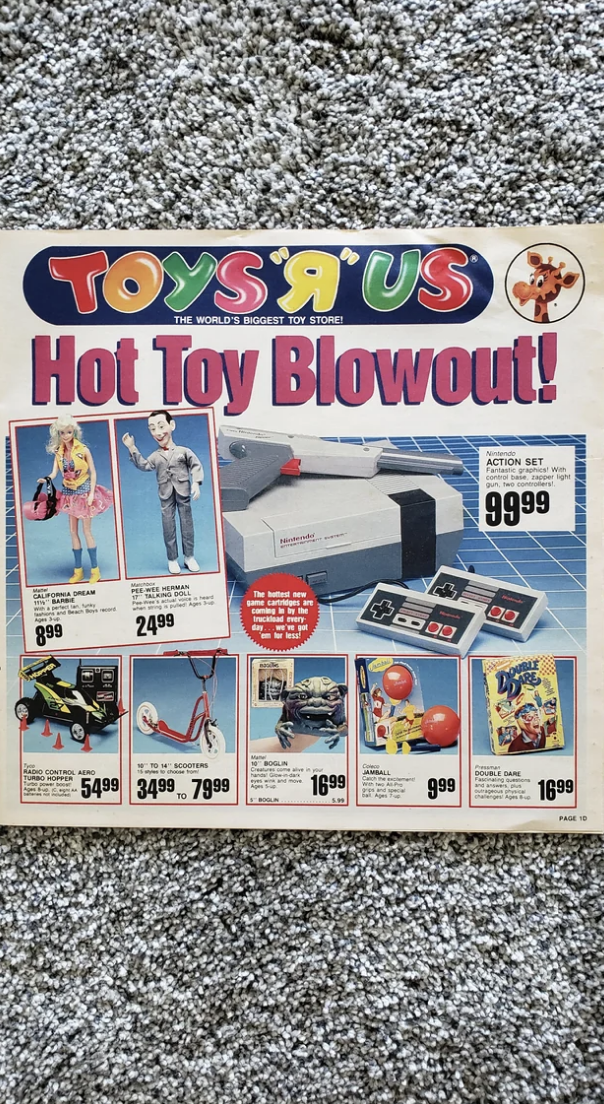 Vintage Toys &quot;R&quot; Us weekly advertisement featuring a variety of toys and their prices for a &quot;Hot Toy Blowout&quot; sale