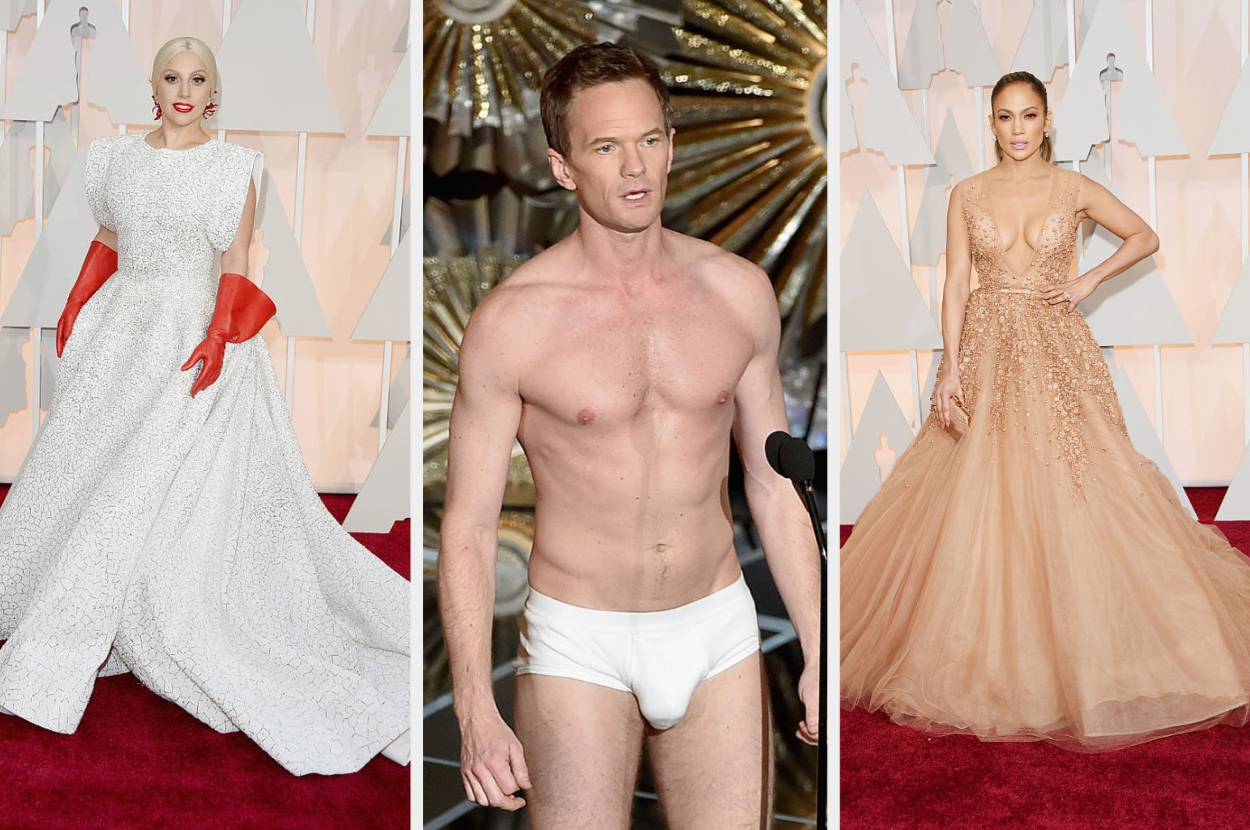 lady gaga in a gown with a cape and bright gloves, neil Patrick harris shirtless in underwear, and j.lo in a long beaded gown