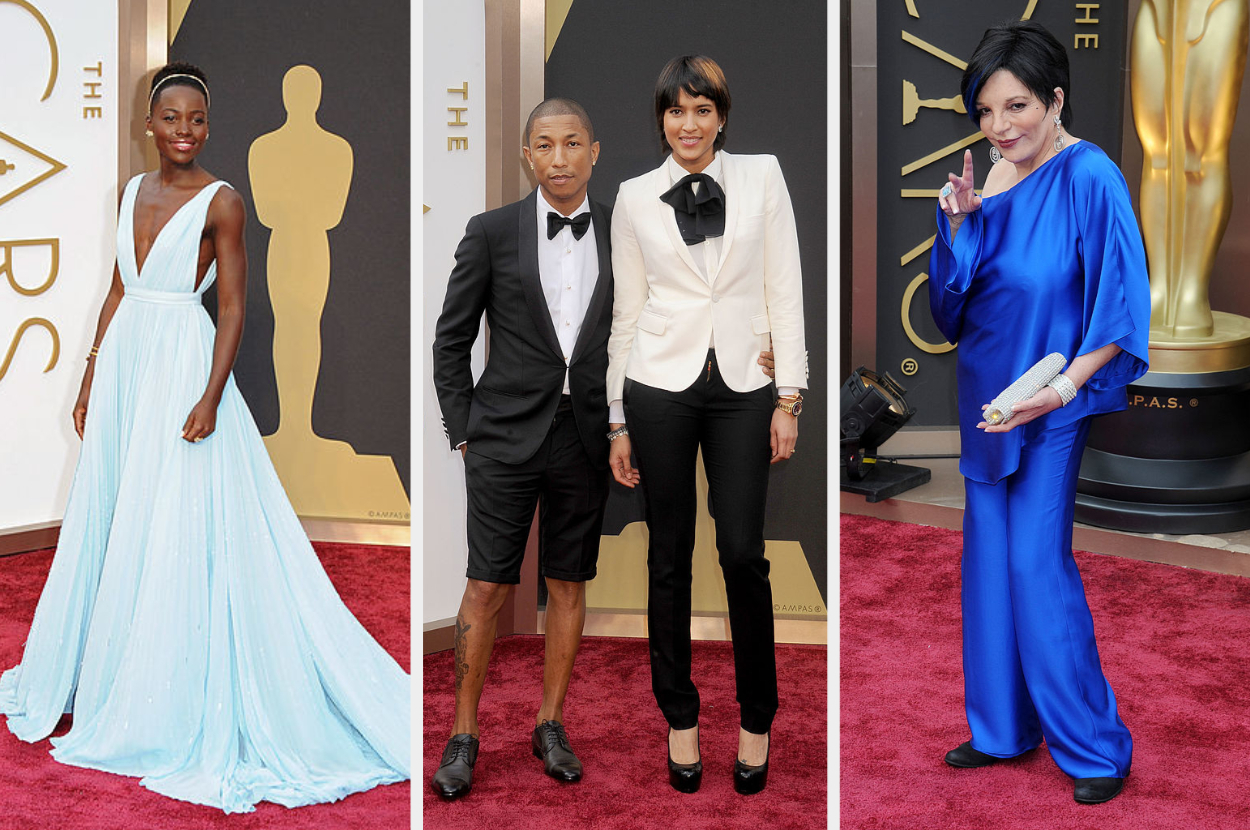 lupita in a long deep v-neck gown, Pharrell in a tuxedo with shorts, and liza Minnelli in a draped top with matching satin pants