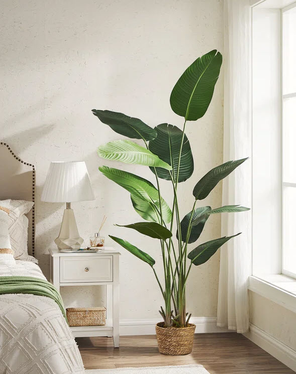 A large indoor plant beside a bed with a white lamp and nightstand, creating a tranquil bedroom scene