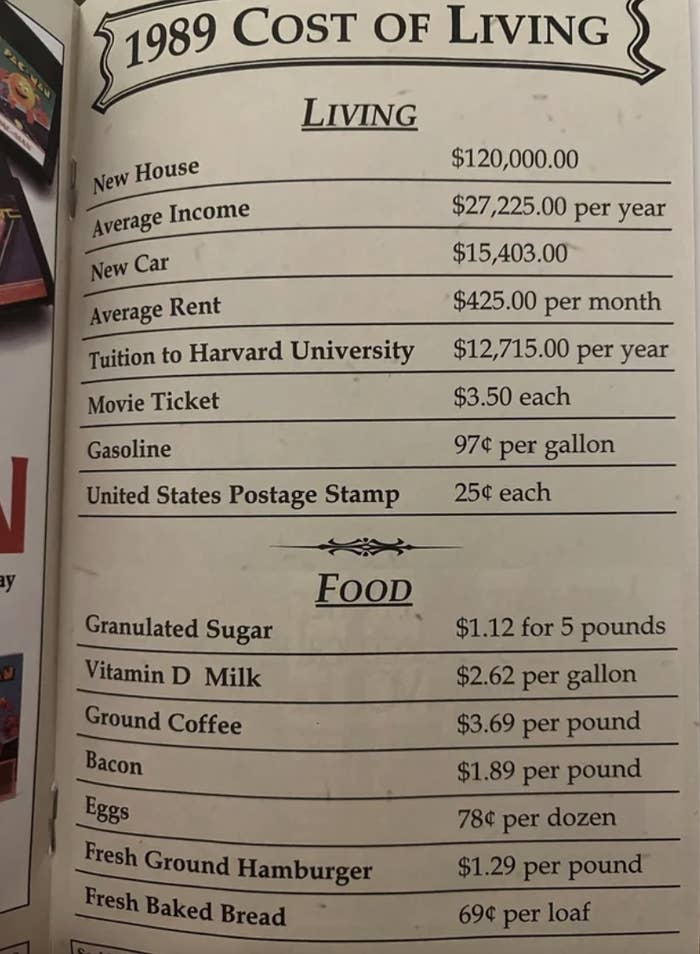Page from a book showing a list of common living expenses and food prices from 1989, such as new car, average income, and costs of milk and eggs