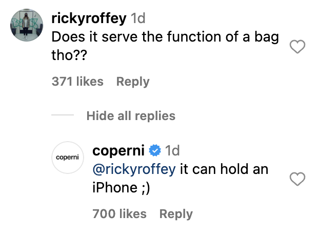 Comment exchange on a social media post between users &quot;rickyroffey&quot; and &quot;coperni&quot; about the functionality of a bag, with &quot;coperni&quot; confirming it can hold an iPhone