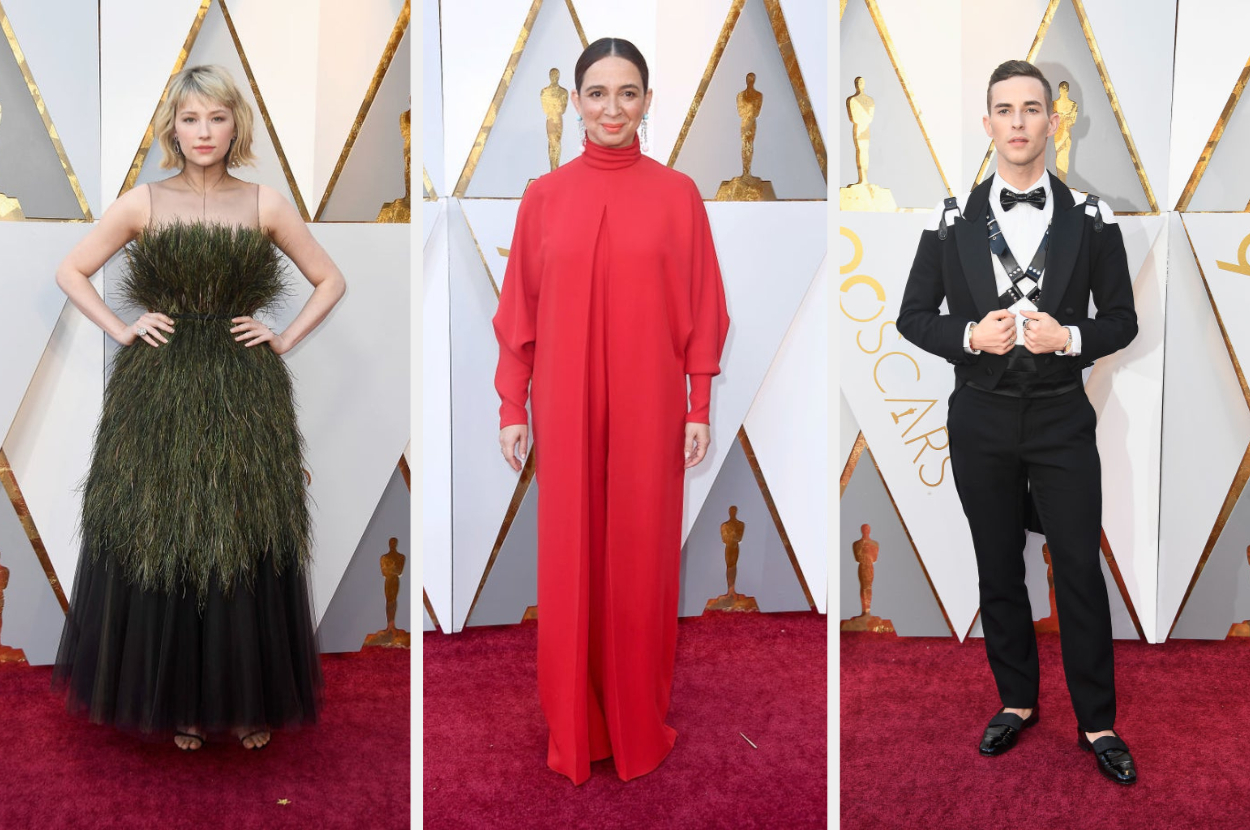 One celebrity a grass-looking gown with sheer neckline, maya rudolph in a draped cape outfit, and adam rippon in a classic tuxedo with a leather harness