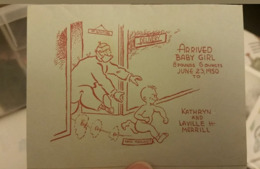 A vintage birth announcement card for a baby girl born on June 23, 1950, with an illustration of a doctor chasing a running child