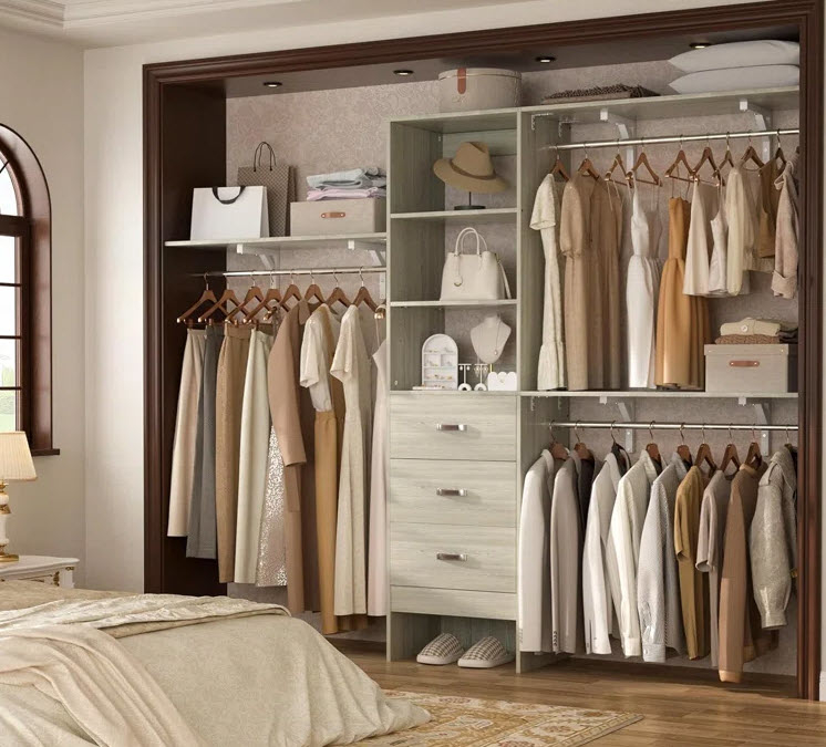 An organized closet with various clothing items and accessories