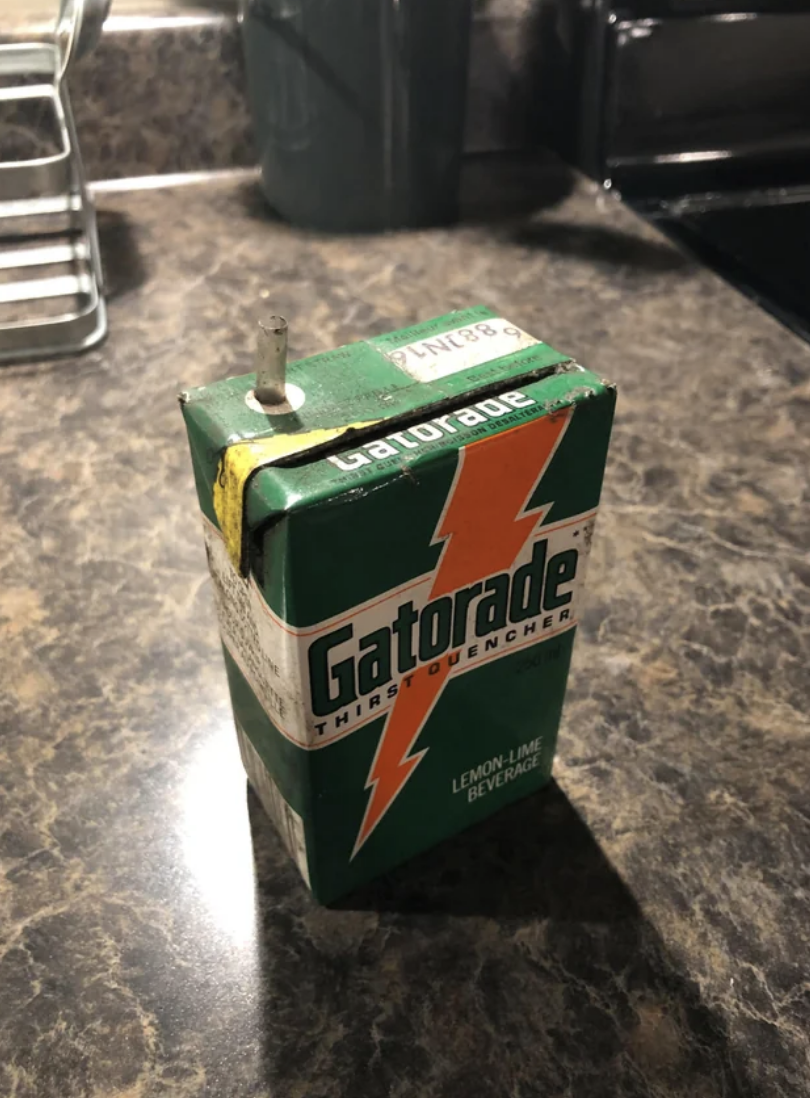 Vintage Gatorade Lemon-Lime carton that looks like a juicepack, with the straw still inside