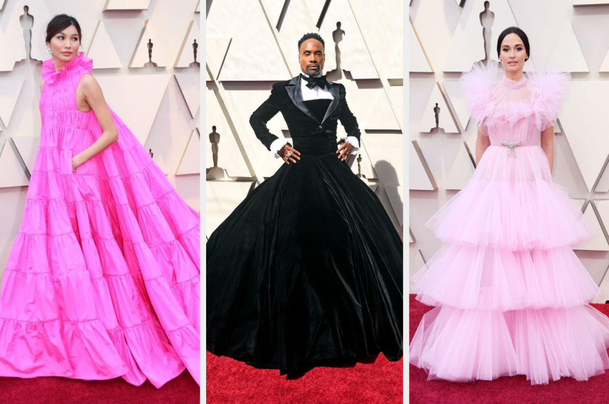 constance wu  in a ruffled shapless gown with tall neckline, billy porter in a tuxedo with a voluminous skirt, and kacey musgraves in a frilly tulle dress