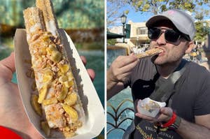 Butterscotch banana churros from Disneyland next to a man taking a bite of one