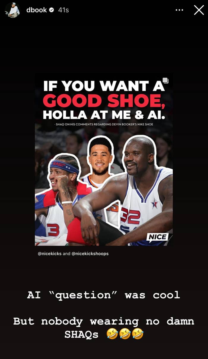 Meme featuring Shaquille O’Neal and Devin Booker with playful text promoting Shaq’s shoes