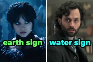 On the left, Jenna Ortega as Wednesday labeled earth sign, and on the right, Joe from You labeled water sign