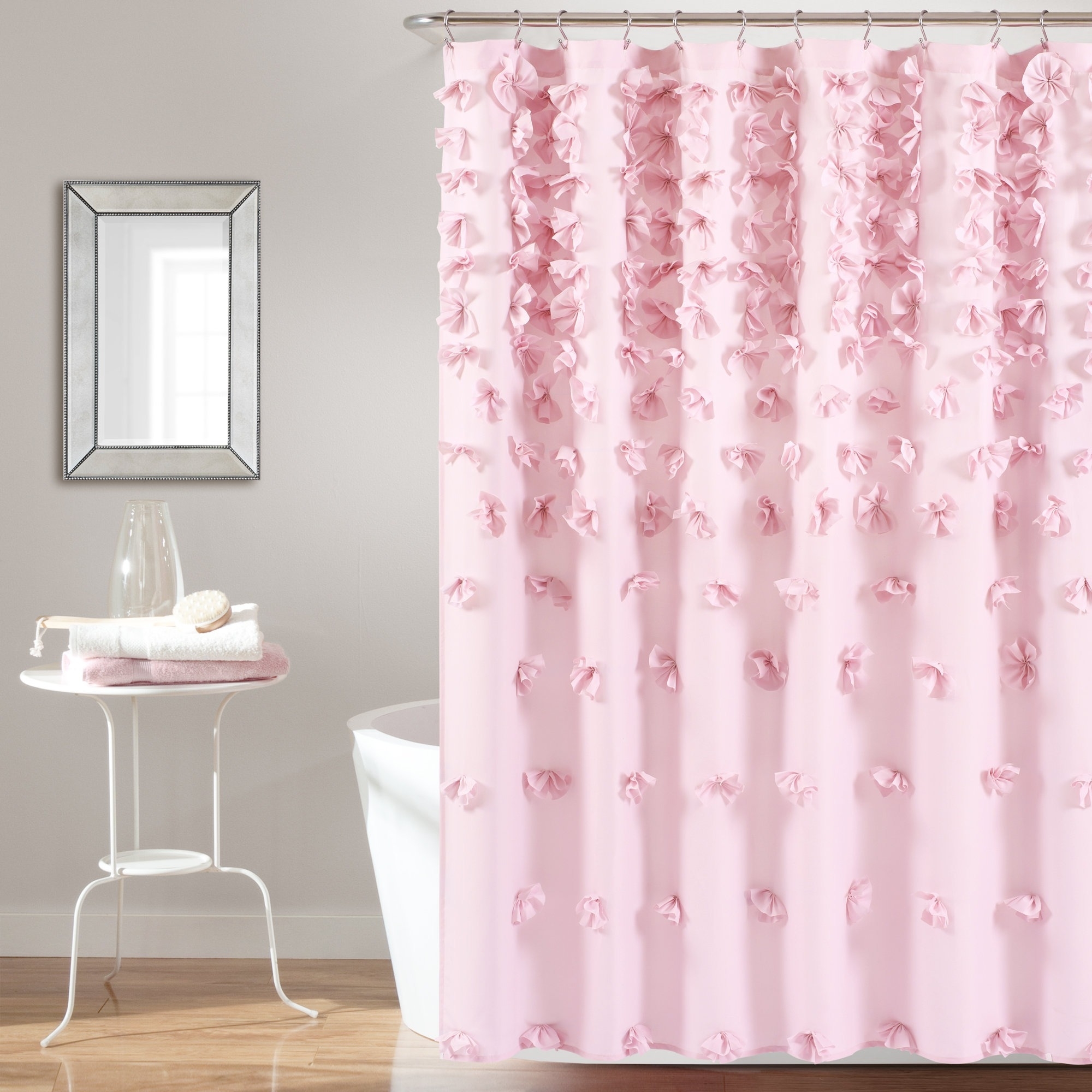 Pink shower curtain with 3D floral pattern