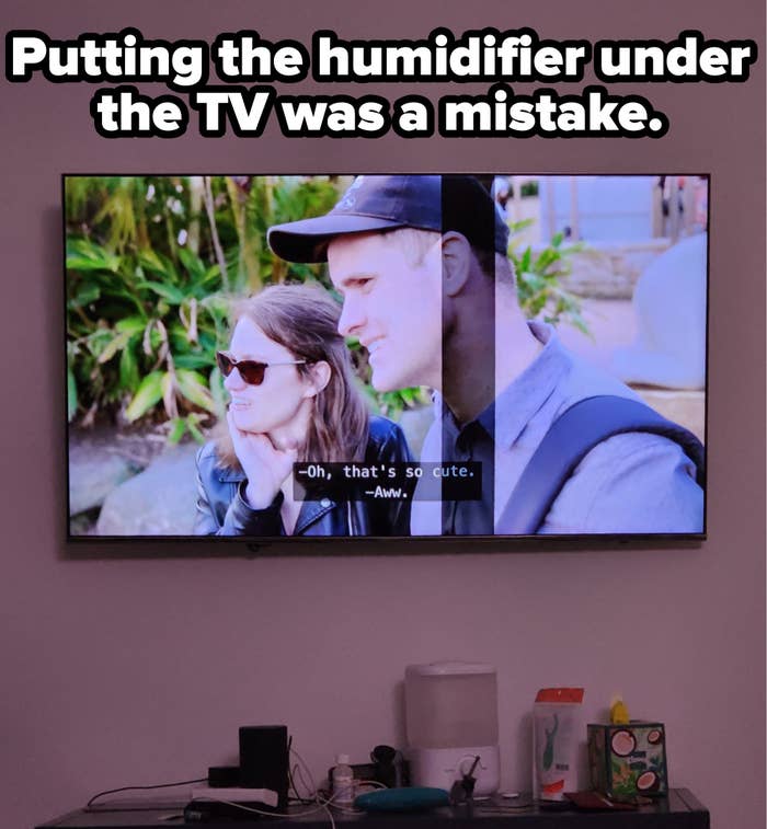 Two people on a TV screen that has a thick vertical line on it, with caption &quot;Putting the humidifier under the TV was a mistake&quot;