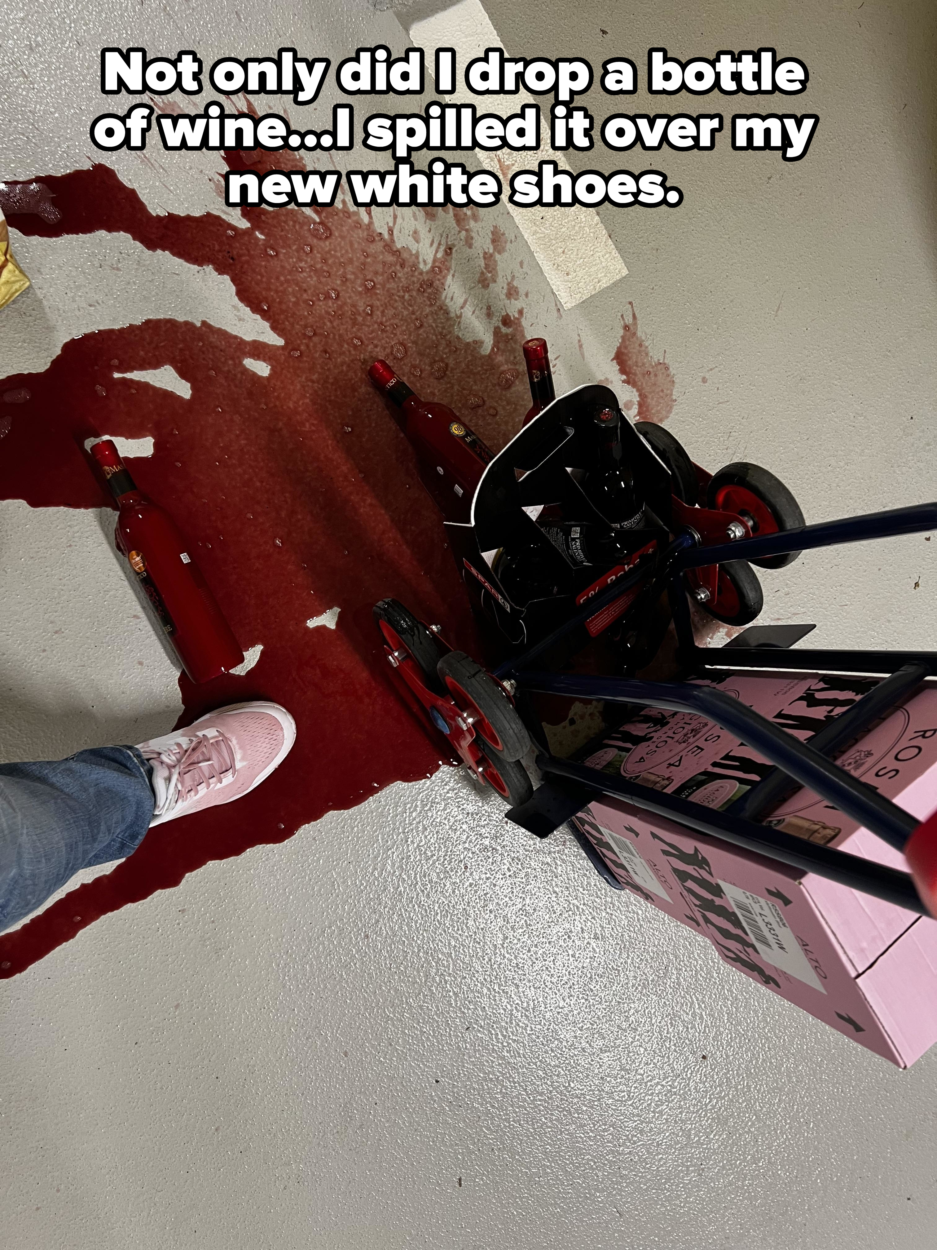 Overturned cart with spilled red wine on a garage floor, next to a person&#x27;s foot wearing a stained sneaker, with caption: &quot;Not only did I drop a bottle of wine, I spilled it over my new white shoes&quot;