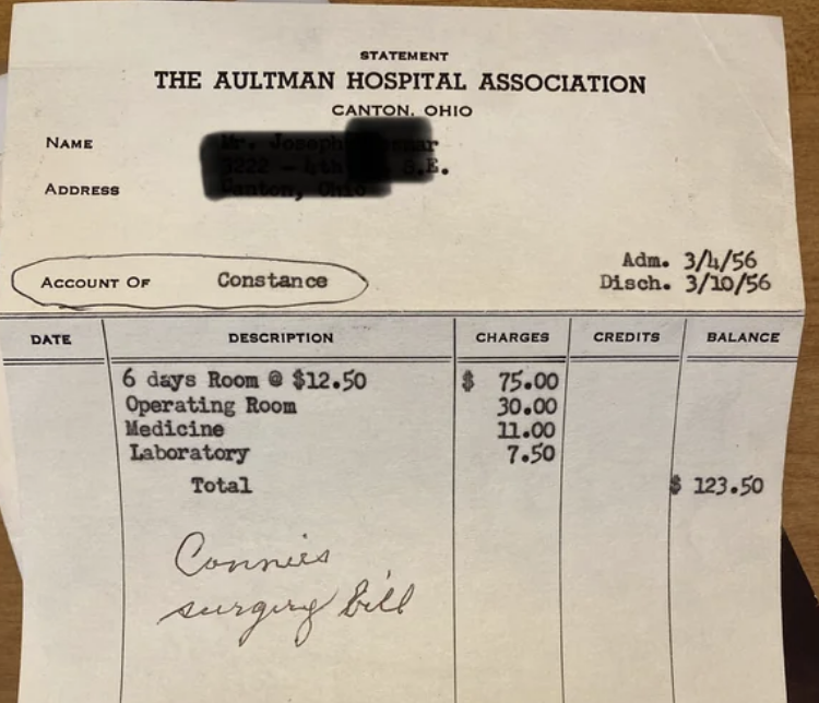 1956 hospital bill with charges for room, medicine, lab, and operating room totaling $123.50