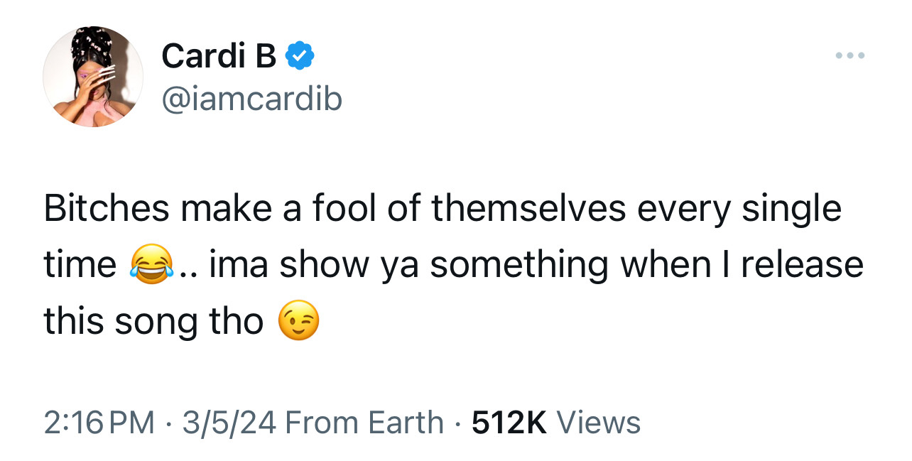 Tweet from Cardi B mentioning her intent to show something upon song release