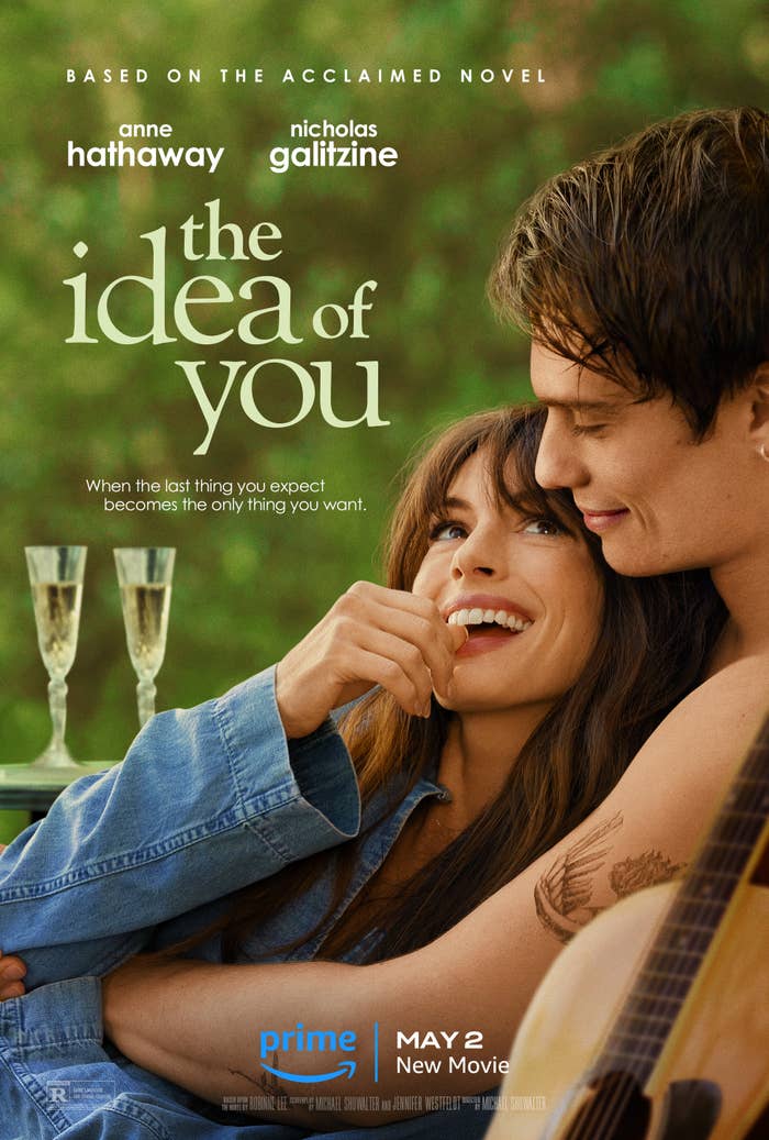 Movie poster for &quot;The Idea of You&quot; showing Anne Hathaway and Nicholas Galitzine cuddling and smiling