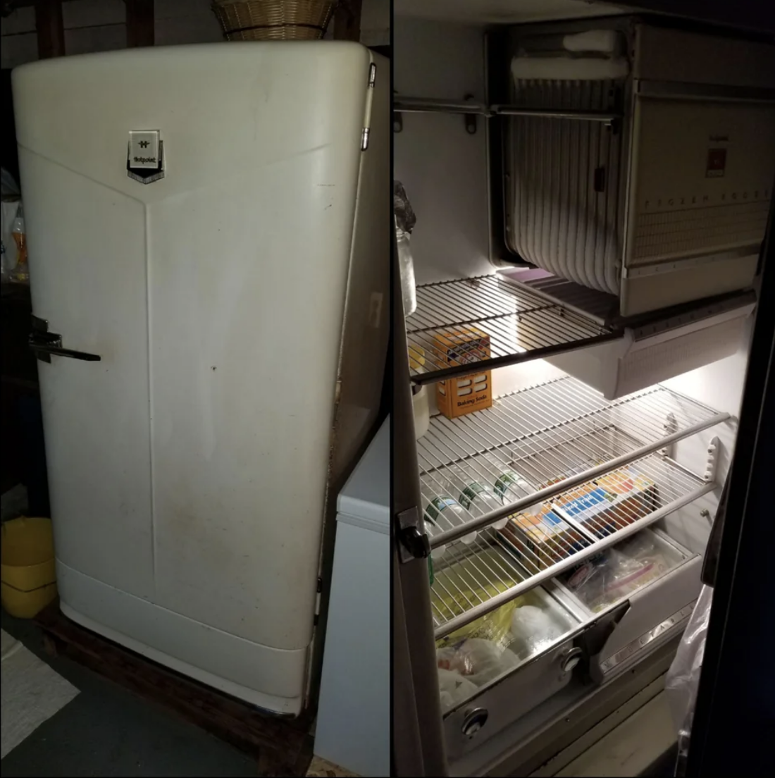 Old-style fridge in a dimly lit room, shown closed and open, revealing its interior with some food items