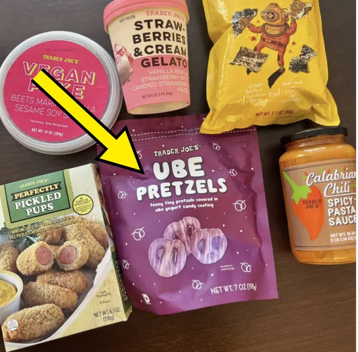 Variety of vegan snacks, including ice cream, chips, and ube pretzels