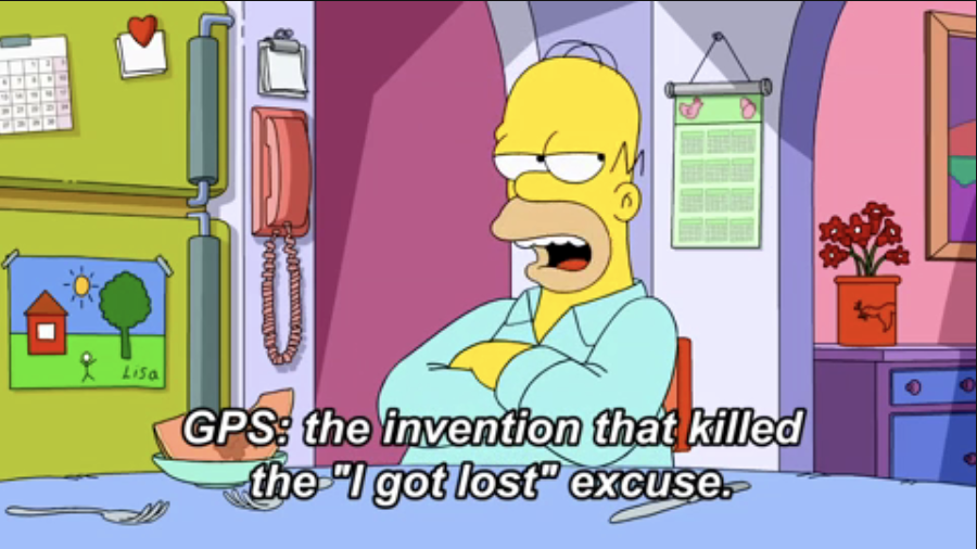Homer Simpson sitting at a table with a caption about GPS ending the &#x27;I got lost&#x27; excuse