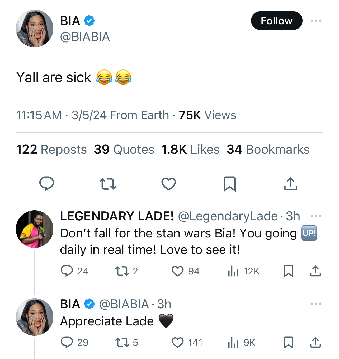 The image shows a screenshot of tweets from the user @BIA with replies and reactions to their post