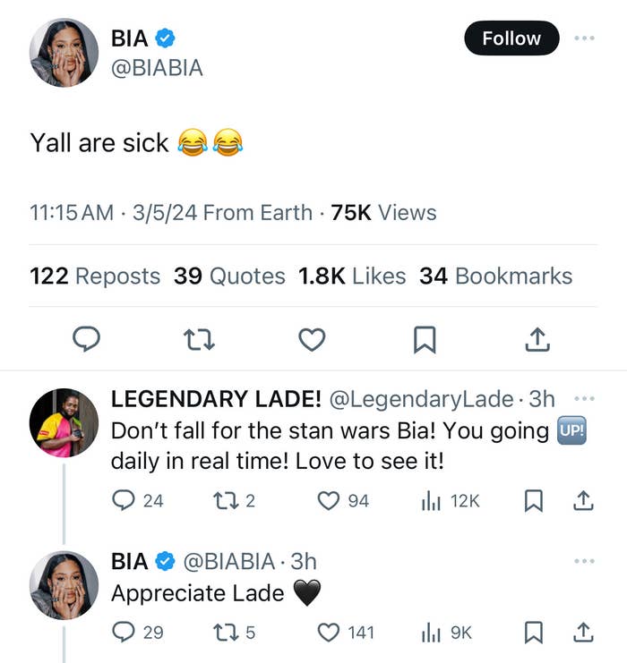 The image shows a screenshot of tweets from the user @BIA with replies and reactions to their post