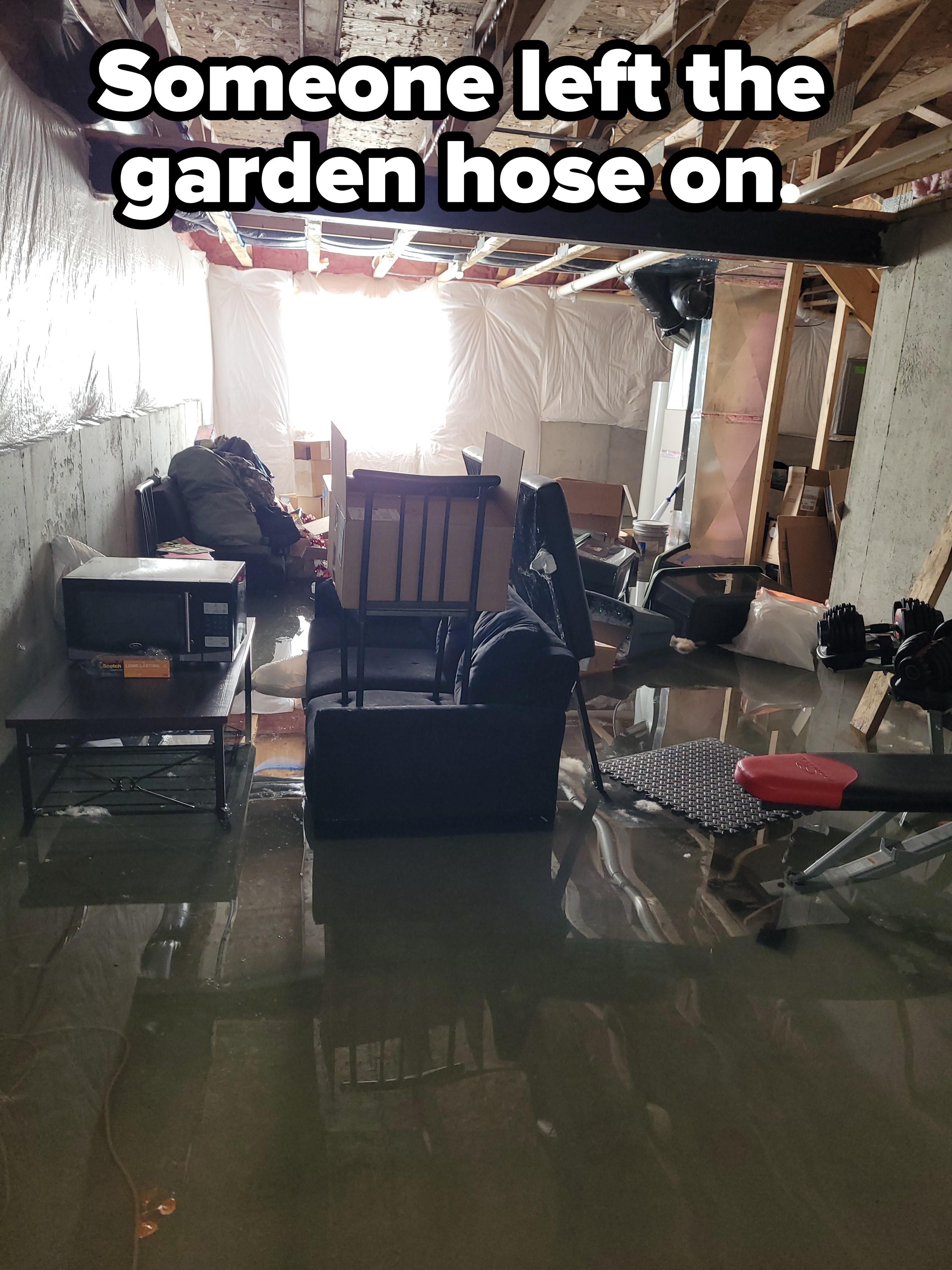 A flooded basement with furniture partially submerged in water with caption, &quot;Someone left the garden hose on&quot;