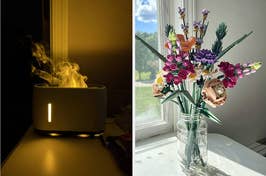 fireplace humidifier and lego bouquet in mason jar