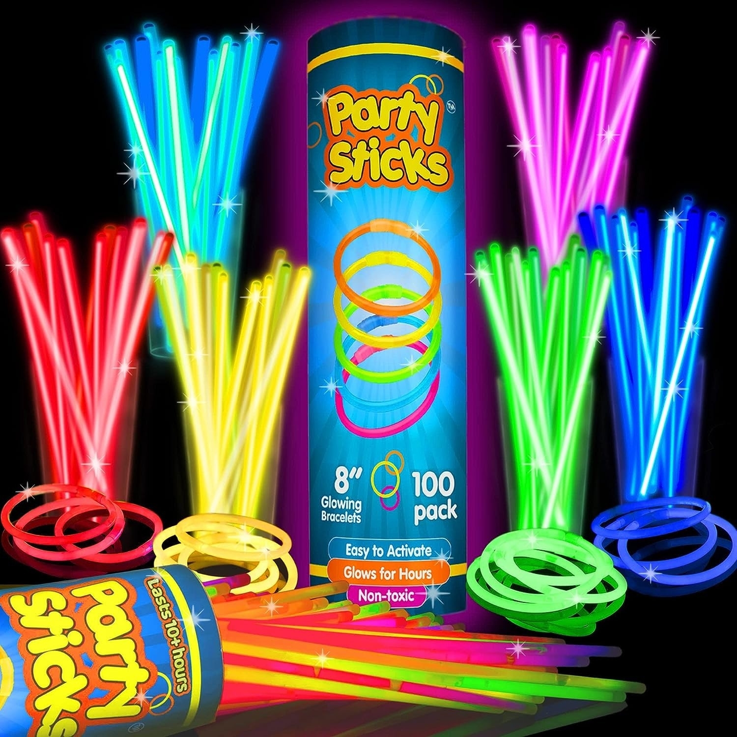 Glow sticks in various colors packaged in tubes with text &quot;Party Sticks, 8&quot; Glowing Bracelets, 100 pack&quot;