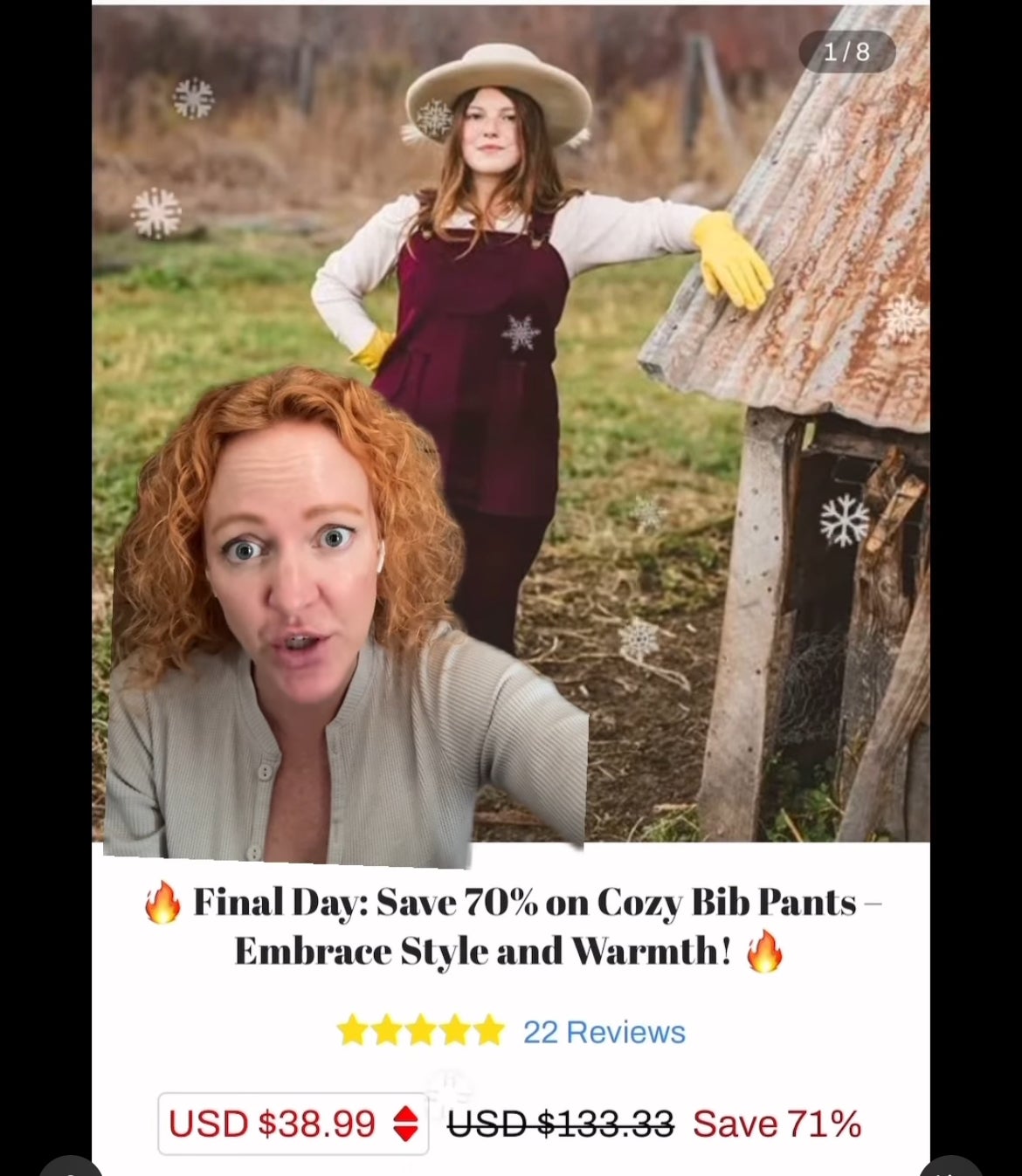 Laura posing in a farm setting with sale banner for cozy bib pants at $38.99, 71% off from $133.31