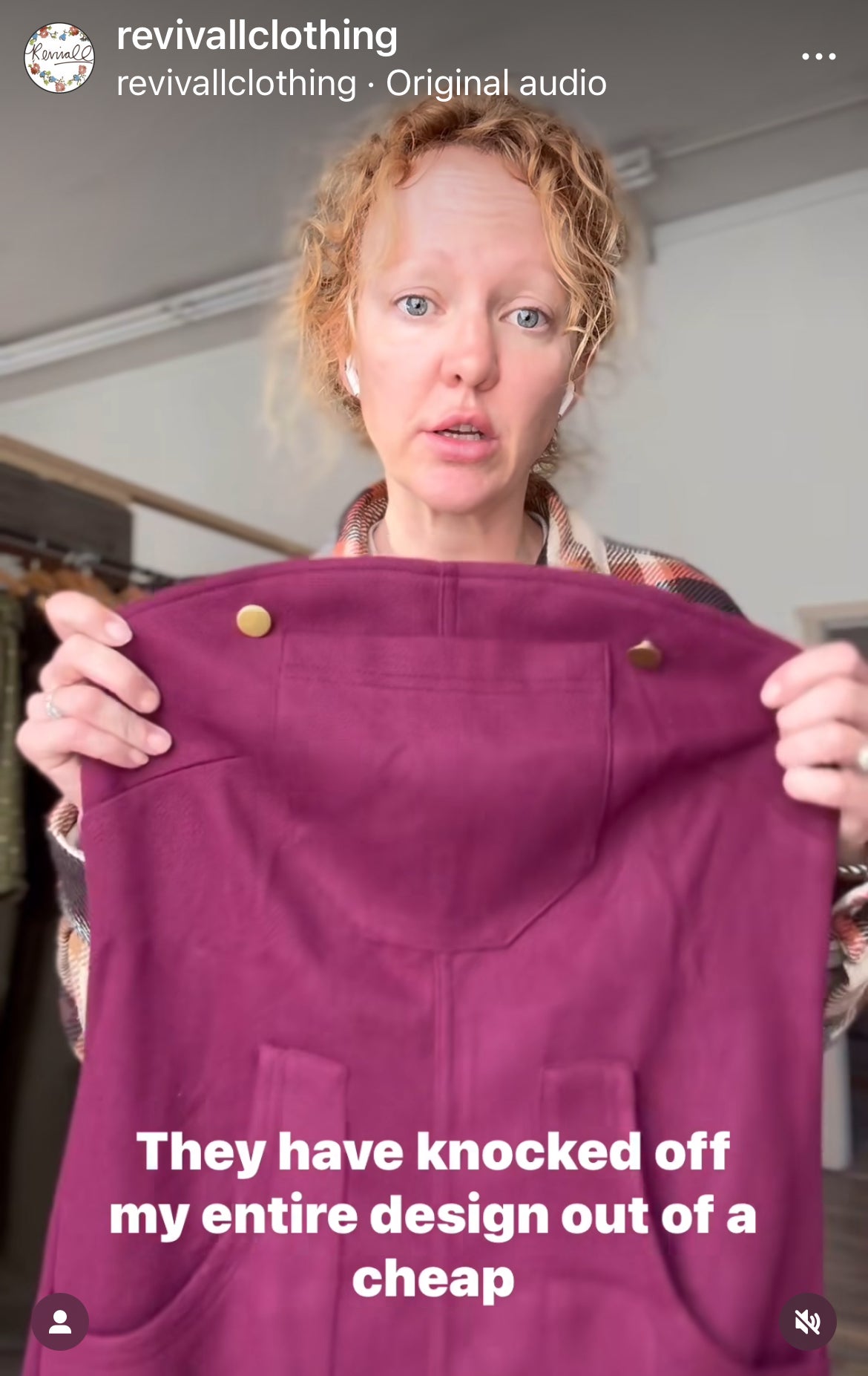 Woman holding up clothing, appearing distressed, with overlaid text about design knock-off