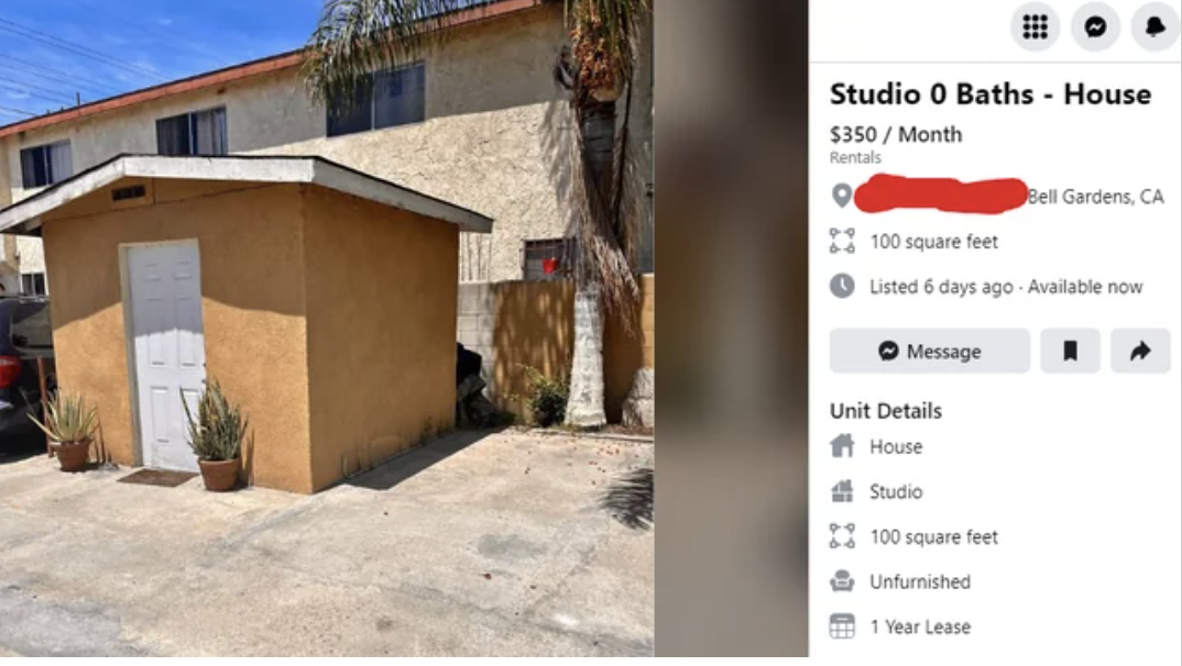 Small rental house advertised online for $350/month, with details on size and availability
