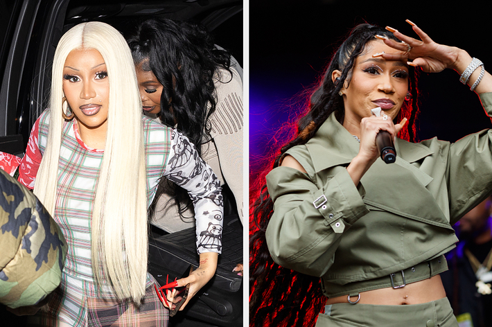 Two separate events; Cardi B stepping out of a car, BIA performing with a microphone