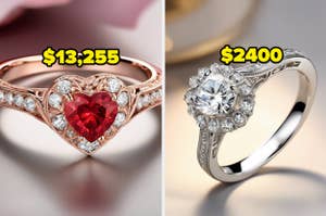 Two separate image of engagement rings: on the left, a ring with diamonds down the side and a heart-shaped stone, next to it a simple band with a round stone