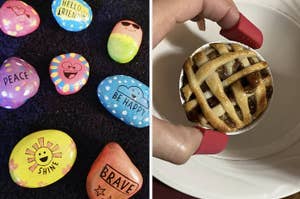 on left: painted rocks that say "Brave," and "Be Happy", on right: reviewer holding mini pie made with tiny baking set
