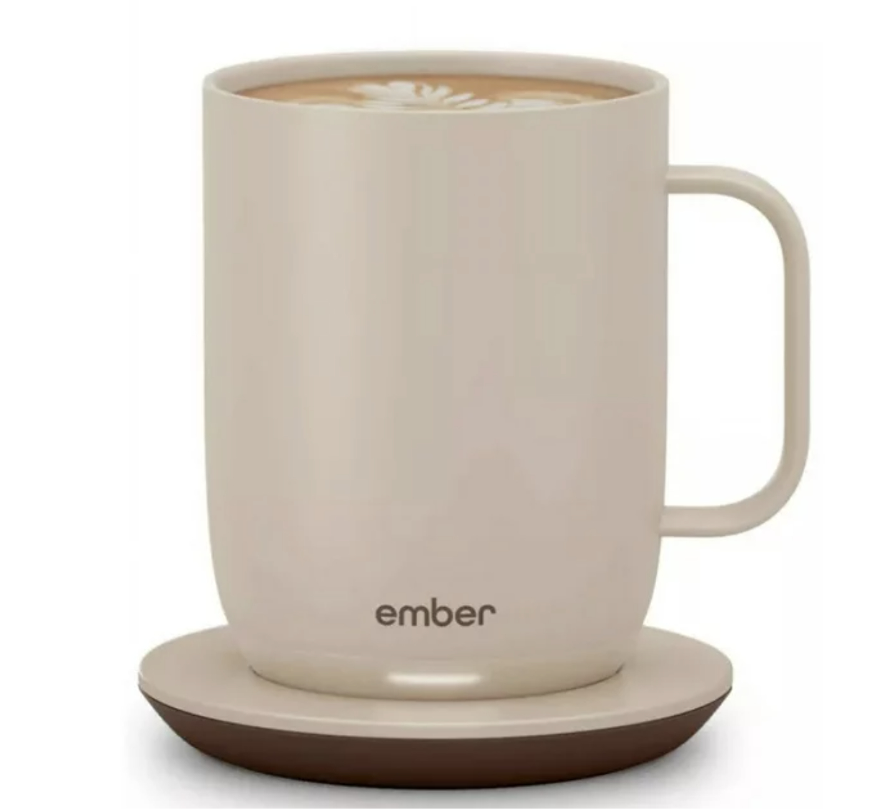 Smart mug on a charging coaster with a hot beverage