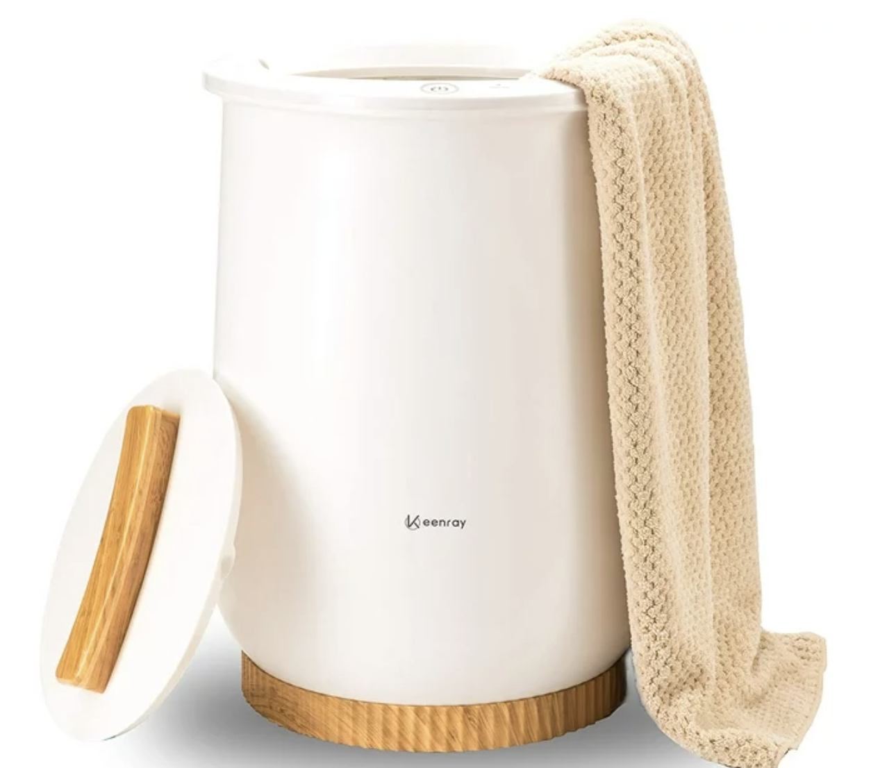 Portable white fabric steamer with a wooden handle and base, with a beige knit material draped over it