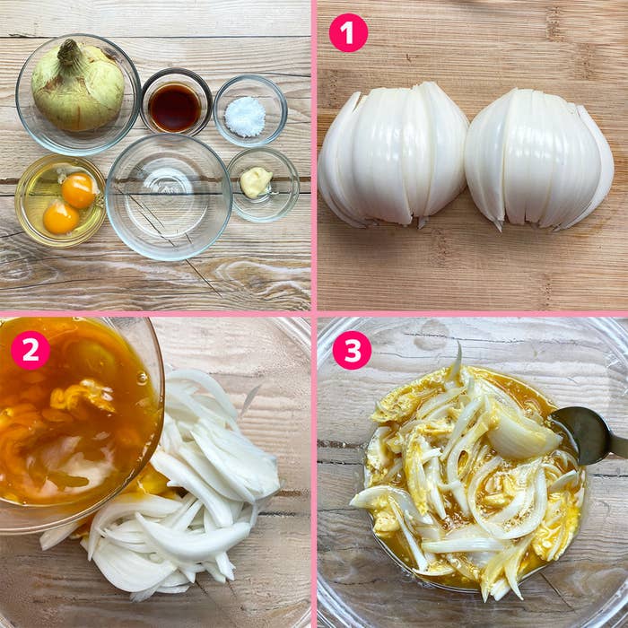 玉ねぎ、卵、調味料の食材とその調理工程を示す4枚の写真です。