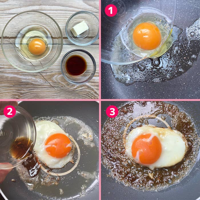 卵を調理する手順が写されている。1つ目は材料、2つ目と3つ目はフライパンでの調理過程。