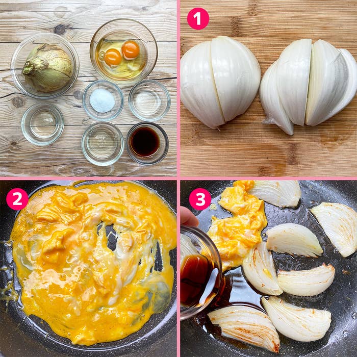 玉ねぎと卵の調理手順を示す４枚の画像