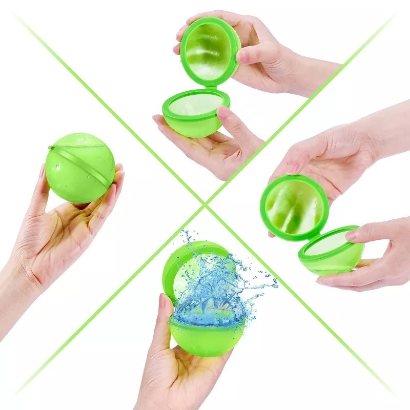 Four images of hands opening and closing a green, spherical object with water splashing inside it