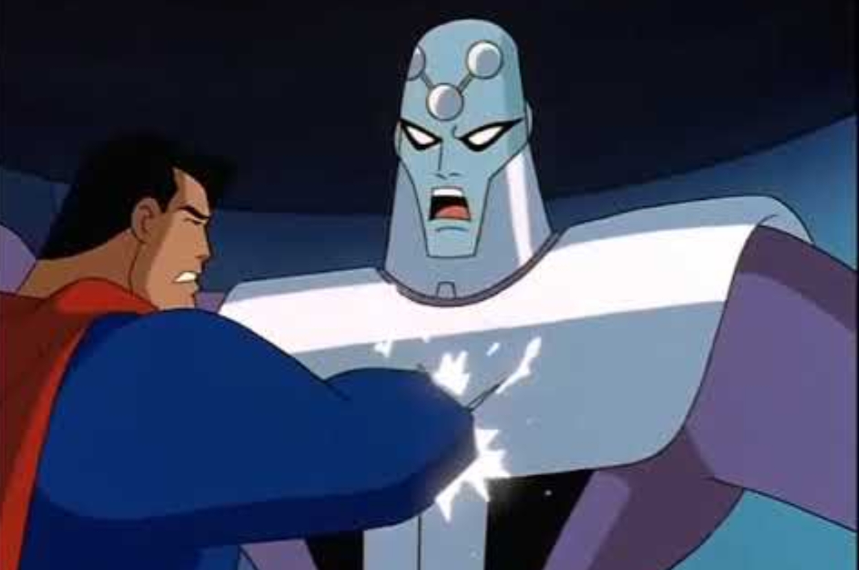 Superman is engaged in a battle with the robotic antagonist Brainiac