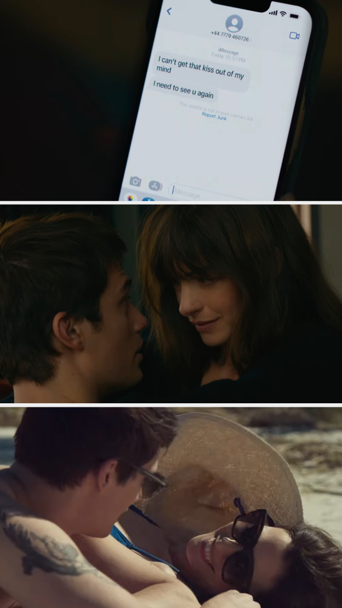 Three separate scenes from the film: a text message on a phone, the couple close-up about to kiss, and the couple laughing on a beach