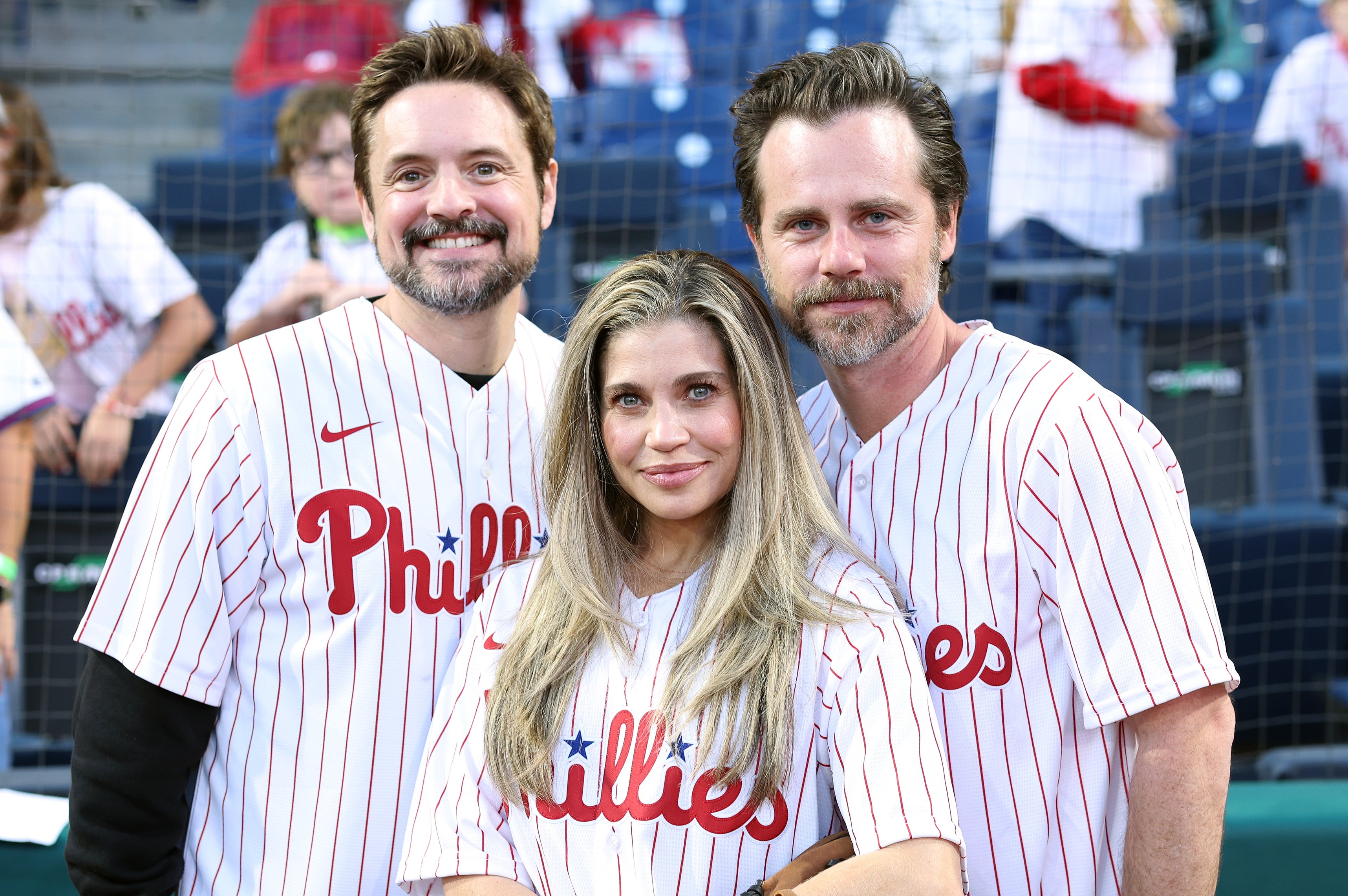 Will Friedle, Danielle Fishel, and Rider Strong in baseball uniforms