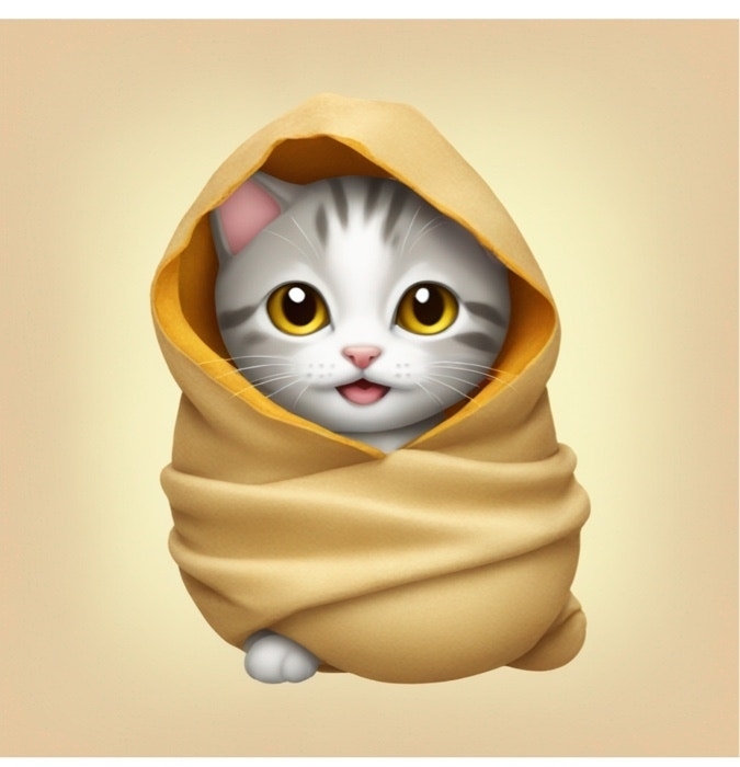Animated cat character wrapped in a beige blanket with a hood, peeking out with one paw visible
