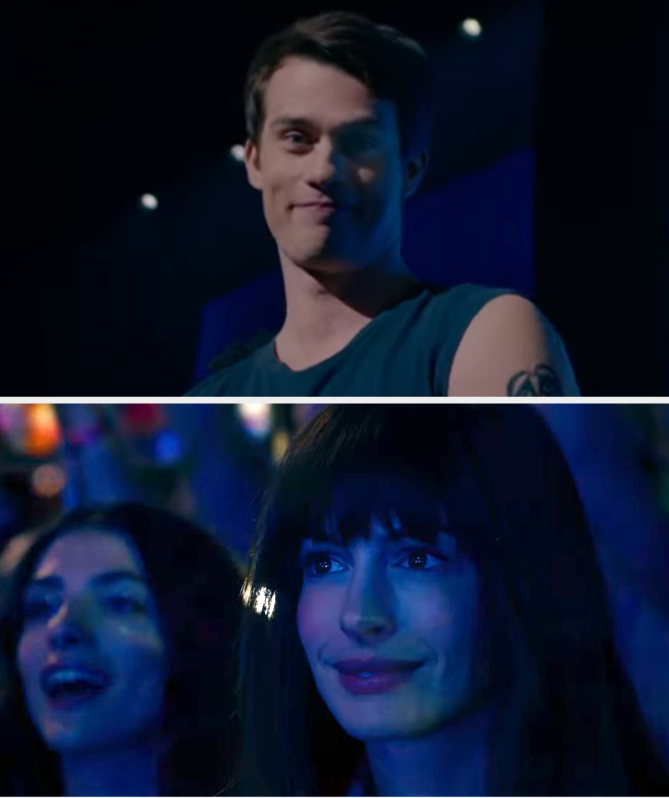 Split screen of two movie scenes, top with a man smiling, bottom with two women looking up