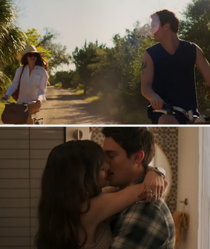 Two scenes from a movie: Top image shows Solène and Hayes bike riding, the bottom image depicts them sharing a kiss