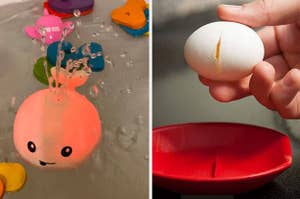 a glowing tub toy and a silicon egg cracker