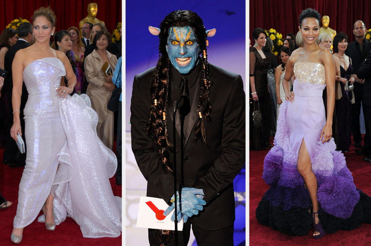 J.lo in a strapless gown with ruffled train on the side, Ben Stiller with Avatar makeup and suit, Zoe Saldana in a strapless dress with ruffled skirt