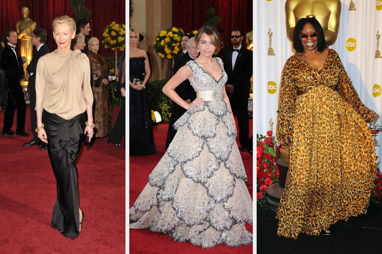 tilda swinton in a drapey top and ruffled skirt, Miley Cyrus in a long embellished gown, and whoopi Goldberg in a long-sleeved cheetah print dress